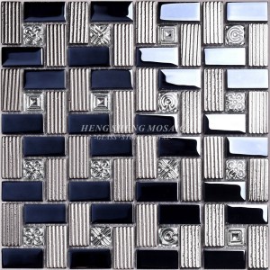 HDT01 12x12 사각형 패턴 전기 도금 반짝이 검은 색 및 은색 무지개 빛깔의 유리 모자이크 벽 장식 타일